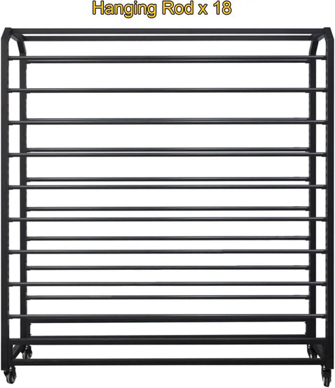 Industrial Grade Heavy Duty Steel Storage Rack For Window Tint Film Vinyl Wrap And Wallpaper Rolls With Reinforced Crossbars front view with 18 hanging rods for organization.