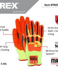 Arctic T Rex ANSI A5 Cut Resistant Thermal Waterproof Work Gloves With Insulcore Lining, Hi Vis Yellow Orange, Reinforced Details