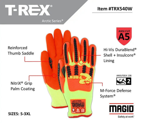 Arctic T Rex ANSI A5 Cut Resistant Thermal Waterproof Work Gloves With Insulcore Lining, Hi Vis Yellow Orange, Reinforced Details