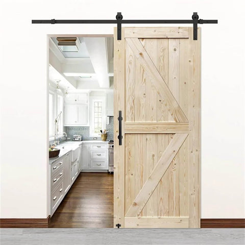 Heavy Duty Barn Door Track Kit With Hook Hanger And Smooth Guide Rail Roller System Rust Resistant Sliding Door Hardware Set With Full Accessories Built To Last And Easy Install For Home Projects 1.83m Package A showing installed door.