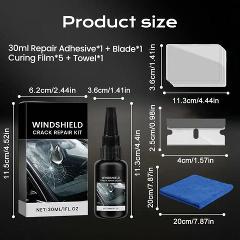 Windshield Chip Repair Kit 2026 Upgraded Formula Quick Fix With 30ml Glass Repair Liquid, 1 Towel, 1 Blade, 5 Curing Films displayed