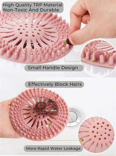 Slick Rubber Drain Stopper And Hair Catcher For Showers, Baths, And Kitchen Sinks, close-up with small handle and pink TRP material.