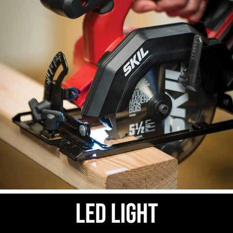 Badass Brushless 12V Cordless Drill And Five Half Inch Circular Saw Power Tool Combo Kit With Lithium Battery And Lightning Fast Charger For Weekend Warriors in use on wood with LED light.