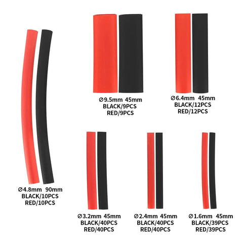 Heat Shrink Tubing Kit Pro Grade 300 Pieces Adhesive Lined Three To One Ratio Marine Grade Black and Red Various Sizes Display