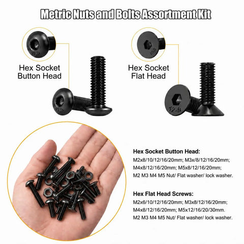 Massive 4065 Piece Metric Screw Assortment Kit With M2 M3 M4 M5 Hex Socket And Flat Head Screws, nuts, washers, lock washers, and hex wrenches in black