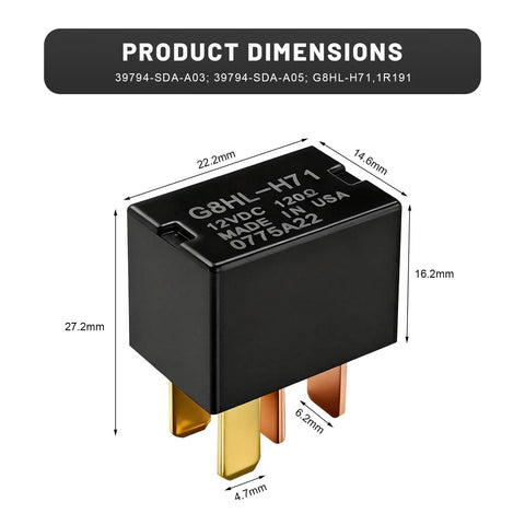 2 Pack Car AC Relay 12 Volt 4 Pin Starter and Cooling Fan Relay Replacement G8HL H71 Replaces 39794 SDA A03 A05 Plug and Play Compatible with Accord Civic Element CRZ, 22.2mm