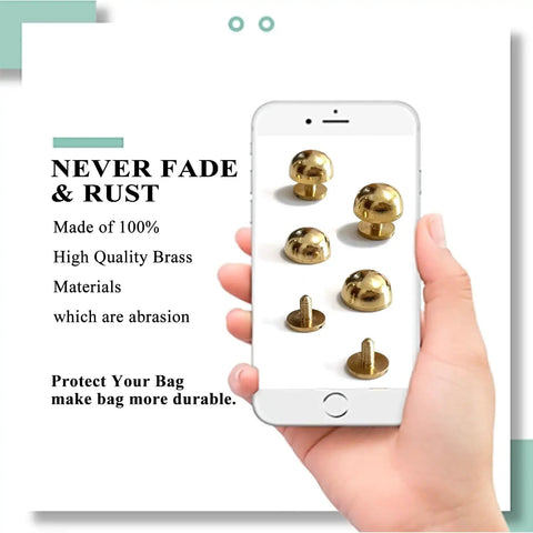 Image of Top Shelf Solid Brass Bottom Guards For Handbags And Totes Round Screwback Feet 8 Pack with brass spikes shown on a phone.