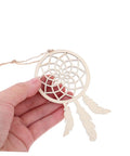50 Piece Wooden DIY Dream Catchers Kit Unfinished Hollow Wall Hangings Boho Ceiling Decor Paintable Wood Craft Ornaments for Bedroom and Home Projects Great for Wall Art and Cozy Room Vibes, small unfinished wooden dream catcher with feathers held in hand