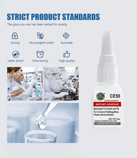 Clear Ceramic And Tile Repair Glue For Mug Metal Plastic Wood Rubber Glass Silicone Leather And Other Materials Fast Bond Transparent And Durable Instant Adhesive For DIY Crafts 20g displayed with lab images highlighting strong and accurate bonding properties.