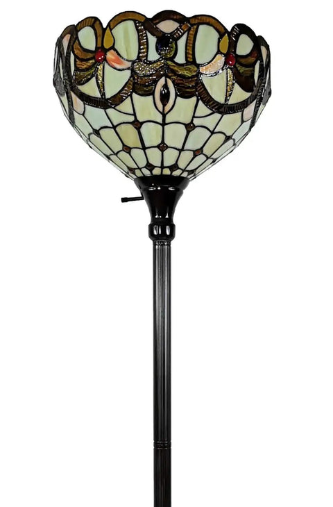 Tiffany Style Floor Lamp Torchiere Standing 72 Inch Tall Stained Glass Brown Red Tan Retro Vintage Decor For Bedroom Living Room