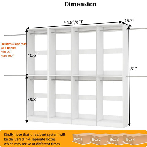 Dimensions of No Sweat Hella Spacious 8FT Modular Closet System Freestanding Walk-In Organizer with 12 Hanging Rods White.