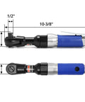 Heavy Duty Half Inch Drive Air Ratchet Wrench Spins Up To 65 Ft Lbs At 160 Rpm To Rapidly Crack Loose Stubborn Engine Bolts With A Rugged Steel Housing And Smooth Reversing Trigger Ideal For Real Grease Monkey Hustle, featuring blue handle and dimensions.