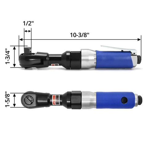 Heavy Duty Half Inch Drive Air Ratchet Wrench Spins Up To 65 Ft Lbs At 160 Rpm To Rapidly Crack Loose Stubborn Engine Bolts With A Rugged Steel Housing And Smooth Reversing Trigger Ideal For Real Grease Monkey Hustle, featuring blue handle and dimensions.