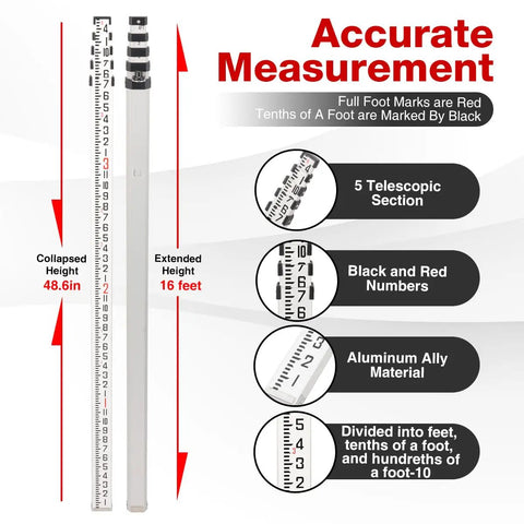 16 Foot Aluminum Leveling Rod With 5 Section Telescopic Design Dual Sided Feet And Tenths Scale Bubble Level With Carrying Case For Surveying Laser Alignment Walls And Floors Waterproof And Rustproof, extended
