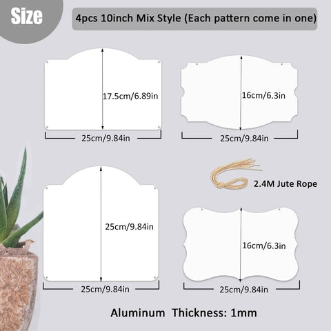 Diagram of 4 Pack 10 Inch Sublimation Door Signs Blanks Aluminum Double Sided Wall Hanging Ornaments with size details and jute rope.