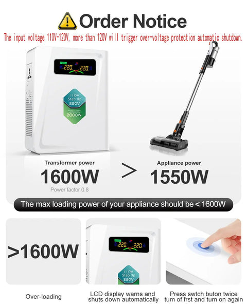 Ultra Quiet 2000W Step Up Voltage Converter 110V to 220V for US Homes with LCD display and safety auto-shutdown feature