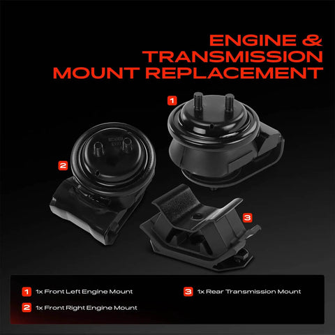 Heavy Duty Engine And Transmission Mount Kit Chevy Tracker Suzuki Grand Vitara Set of 3 mounts for replacement, black rubber.