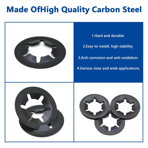 Internal-tooth starlock washers, black oxide finish, 65Mn steel; 7 sizes, 340 pcs (front/side views).