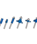 Thirty Five Piece 1/4 Inch Carbide Router Bit Set With Rugged Carry Case, six blue carbide router bits for woodworking.