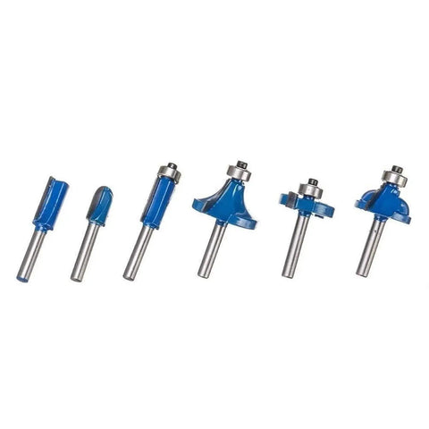 Thirty Five Piece 1/4 Inch Carbide Router Bit Set With Rugged Carry Case, six blue carbide router bits for woodworking.