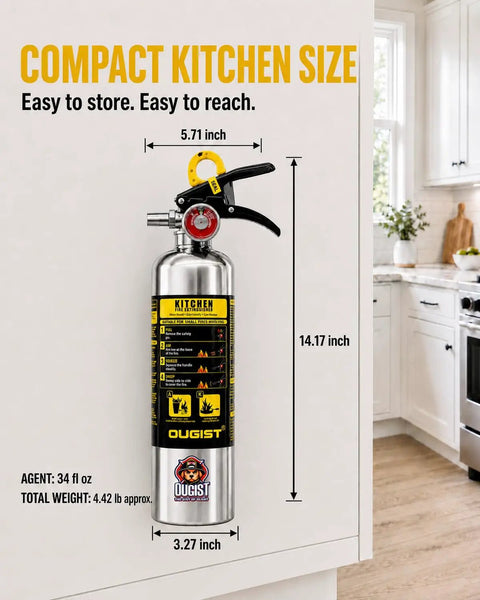 Class K Kitchen Fire Extinguisher Built For Fast Grease Cooking Flare Ups, Two Pack Of 34 Fl Oz Wet Chemical Sprayers mounted on wall in kitchen.
