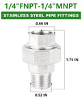 Five Pack 304 Stainless Steel Union Fittings One Quarter Inch NPT Male To One Quarter Inch NPT Female Cast Pipe Connectors, size details.