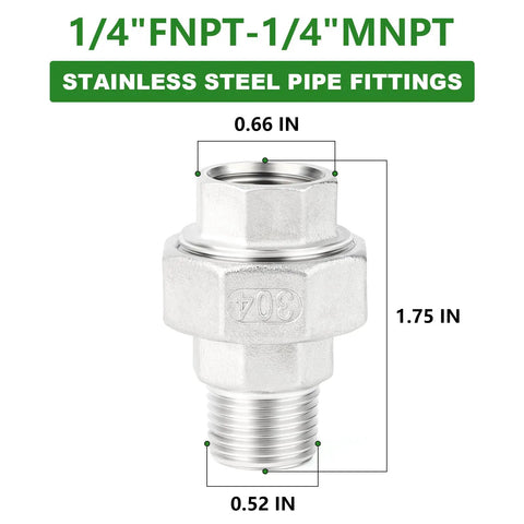 Five Pack 304 Stainless Steel Union Fittings One Quarter Inch NPT Male To One Quarter Inch NPT Female Cast Pipe Connectors, size details.