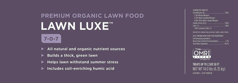 Organic 7-0-7 Summer Lawn Fertilizer For Quick Green Up, 14 Lb Bag with natural nutrients label and coverage information.