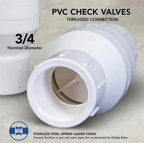 PVC inline check valve for backflow prevention, 3/4 in FIP, white threaded plastic valve