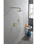 Shower System, 10" Rain Head, Handheld, Brushed Gold, Wall-Mounted with water flowing elegantly from overhead.