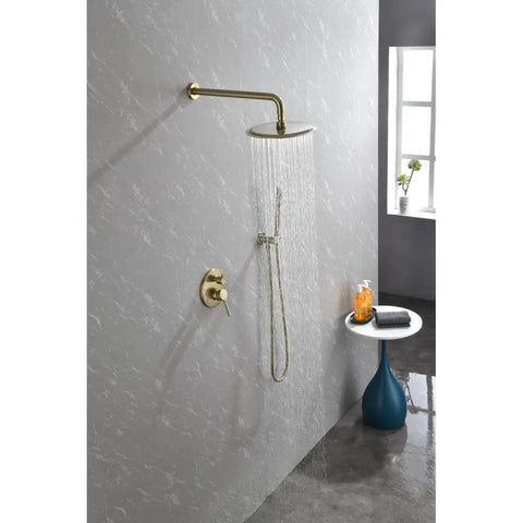 Shower System Brushed Gold with 10-Inch High-Pressure Rain Head and handheld shower, stainless steel, modern bathroom design.
