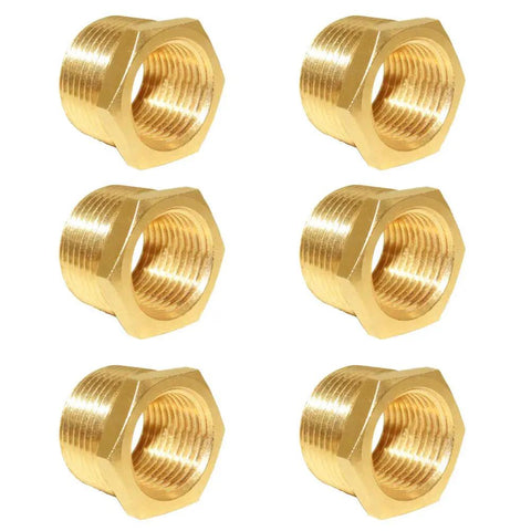 Six Piece Brass Pipe Fitting Reducer Hex Bushing From Three Quarter Inch NPT Male To One Half Inch NPT Female Heavy Duty Rustproof Adapter