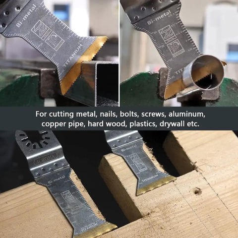 Five Piece Universal Oscillating Multitool Blade Set With Titanium Coated M42 HSS Bi Metal Blades cut wood and metal pipes.