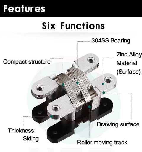 2 Pack Stainless Steel 304 Hidden Hinge With Silent Close, Invisible Mounting Folding Door Hinge for Wooden Doors, Six Features