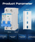 2 Pole 63 Amp DIN Rail Mounted Heavy Duty Circuit Breaker for 120V and 240V AC Circuits, C Curve Magnetic Trip With Thermal Magnetic Trip, Solar AC Disconnect Switch, Silver Alloy Contacts, Flame Retardant Housing, Overload Short Circuit Protection, front view