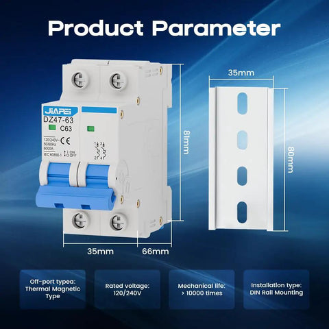 2 Pole 63 Amp DIN Rail Mounted Heavy Duty Circuit Breaker for 120V and 240V AC Circuits, C Curve Magnetic Trip With Thermal Magnetic Trip, Solar AC Disconnect Switch, Silver Alloy Contacts, Flame Retardant Housing, Overload Short Circuit Protection, front view