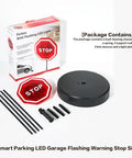 Park Like A Boss Smart LED Reversible Garage Stop Sign With Heavy Duty Base And Flashing Warning Signal For Easy No Sweat Setup and full package contents.