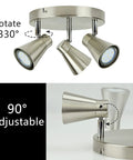 Round Ceiling Spotlight Fixture With 3 Lights, Flush Mount Track Lighting, directional heads, brushed nickel, adjustable 330 degrees