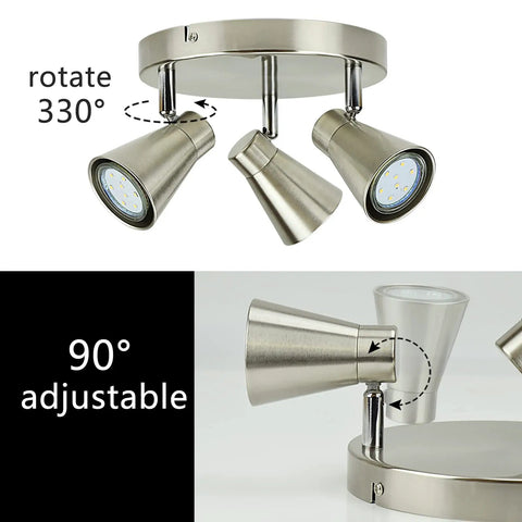 Round Ceiling Spotlight Fixture With 3 Lights, Flush Mount Track Lighting, directional heads, brushed nickel, adjustable 330 degrees