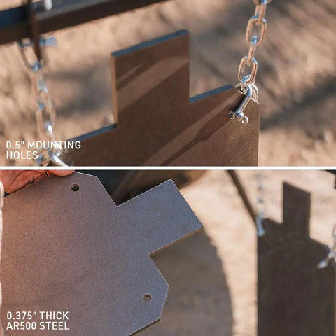 Close-up of Two Pack AR500 Steel Silhouette Targets For Precision Target Shooting showing 0.5 inch mounting holes and steel thickness.