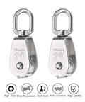 Set Of 10 M20 Single Pulley Blocks 304 Stainless Steel Hanging Wire Pulley Rollers 360 Degree Swivel Top Ring Must-Have Heavy Duty Lifting Gear For Rope And Cable Load Capacity 75Kg 165Lbs close-up of two pulleys with features
