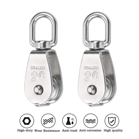 Set Of 10 M20 Single Pulley Blocks 304 Stainless Steel Hanging Wire Pulley Rollers 360 Degree Swivel Top Ring Must-Have Heavy Duty Lifting Gear For Rope And Cable Load Capacity 75Kg 165Lbs close-up of two pulleys with features