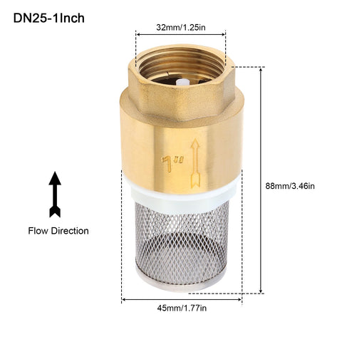 One Inch Brass Foot Valve For Well Pump With Filter Screen And Stainless Steel Check Valve DN25 Bottom Valve dimensions shown