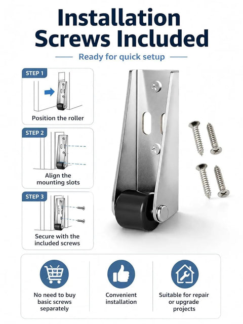Installation guide for Rock Solid Vertical Track Roller Wheels with rubber caster, screws included for easy setup.
