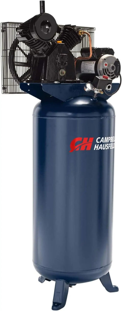 Heavy Duty Sixty Gallon Two Stage Air Compressor with cast iron pump and oil lube setup for smooth operation.