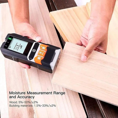 Heavy Duty 4 In 1 Stud Finder And Wall Scanner acting as a straight shooter measuring wood moisture on planks with LCD display.