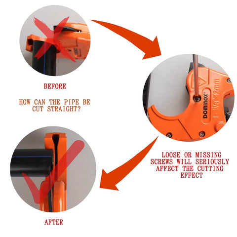 Diagram showing correct and incorrect use of Beefy Heavy Duty Ratchet PVC Pipe Cutter Up To Two And A Half Inch with missing screws.
