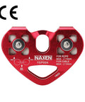 Red Dual Tandem Zip Line Pulley System with Speed Trolley for steel cable or rope, visible CE marking, aircraft aluminum alloy.