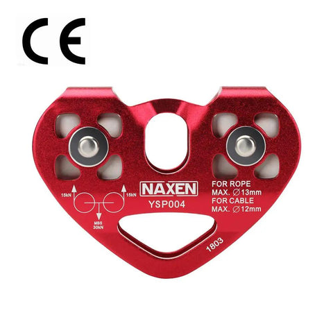 Red Dual Tandem Zip Line Pulley System with Speed Trolley for steel cable or rope, visible CE marking, aircraft aluminum alloy.