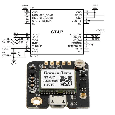 GT U7 GPS Module Two Pack With Plug And Play Setup, image showing circuit layout and module design